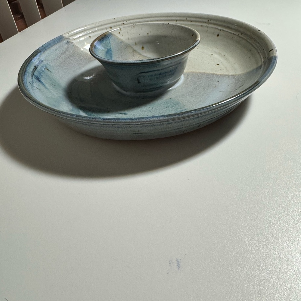 Lara Pottery Blue and White Cream Bowl Set Crudite & Dips Chips Salsa 10”x2.5”